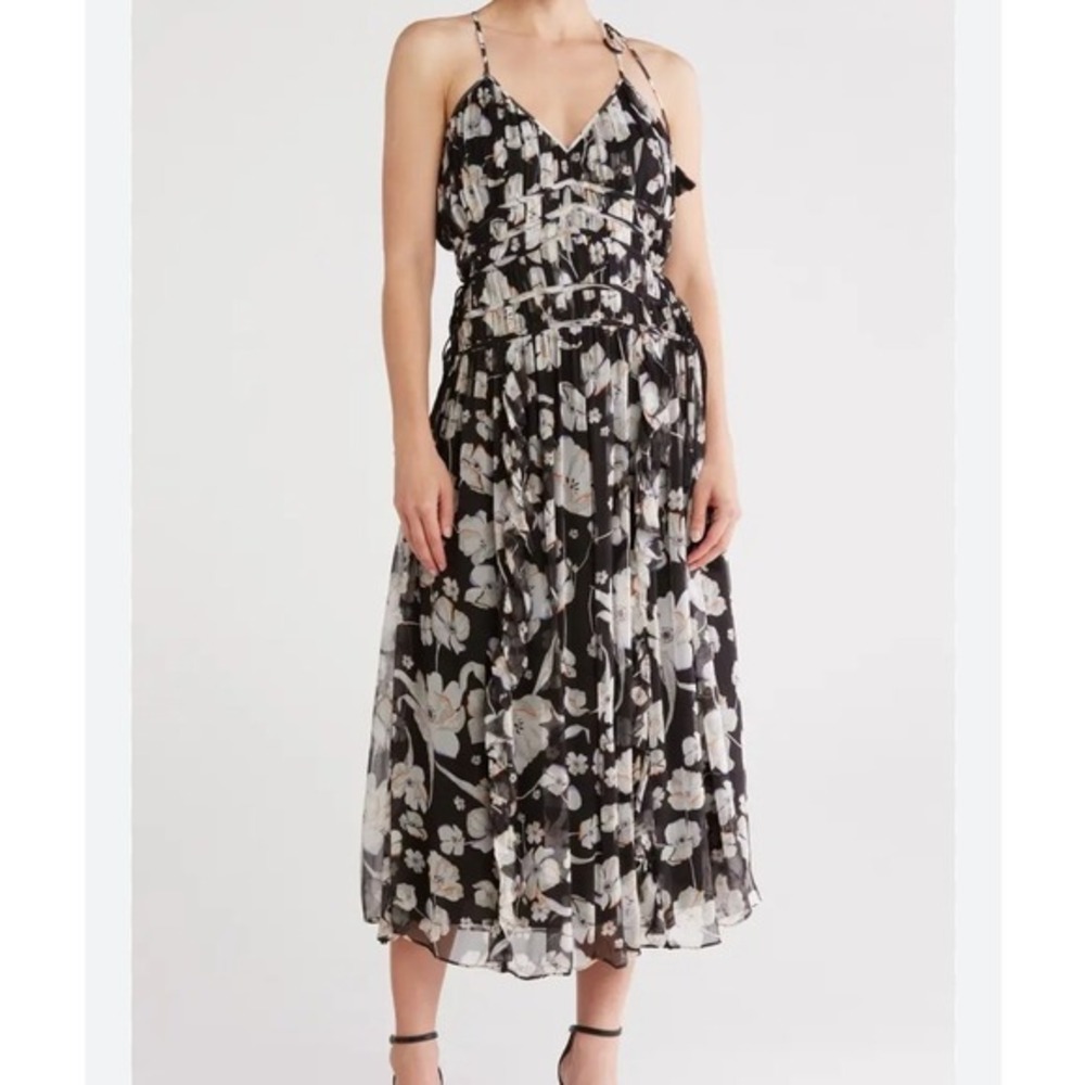 Joie Lyall Midi‎ Silk Dress XL Caviar Floral Pleated Chiffon Boho Event NWT ~